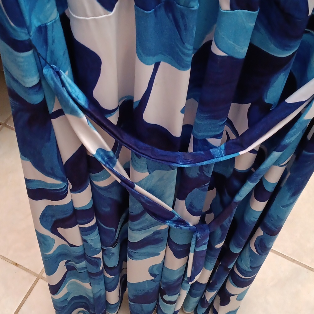 Mlle Gabrielle Blue and White Maxi Bodycon Dress With Waste Belt - Picture 4 of 4